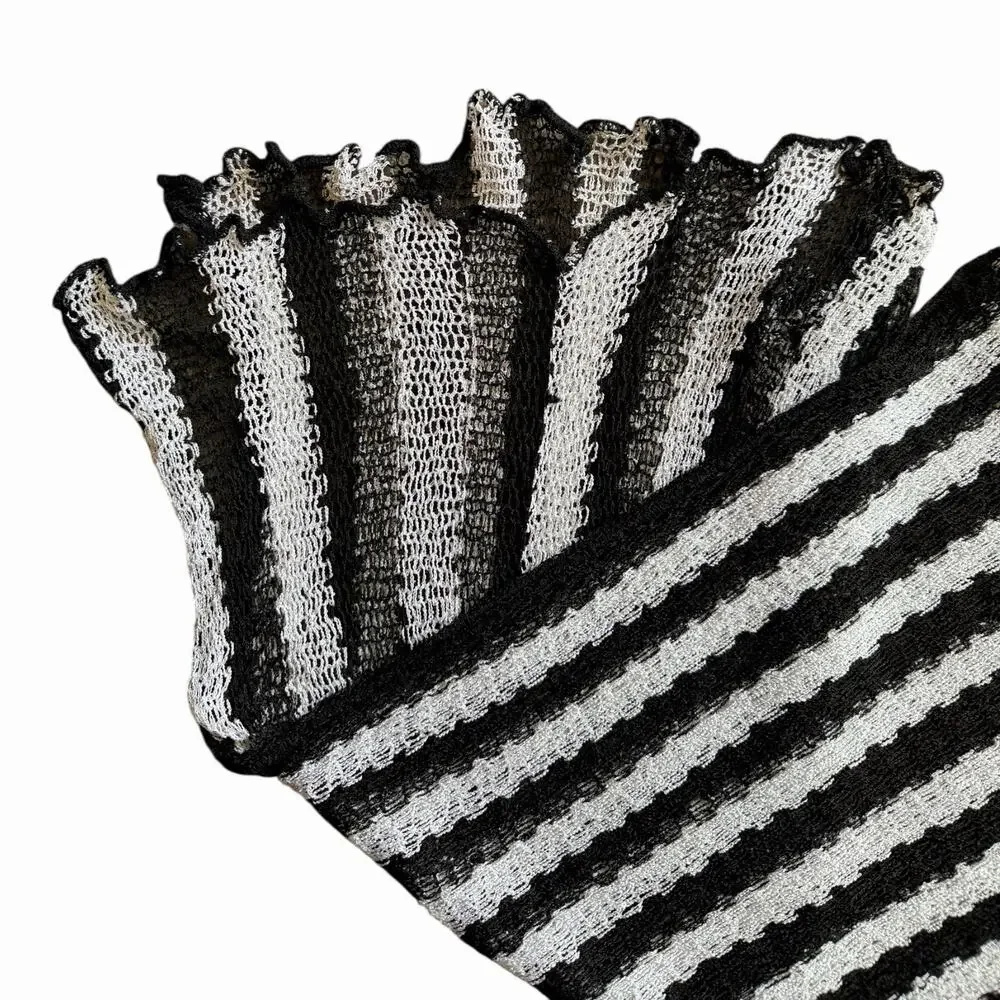 Vintage Handmade Black & White Striped Knit Fishnet Scarf Shawl Wrap Ruffle Edge